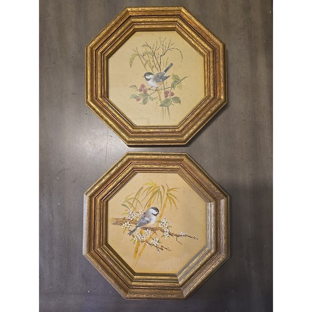 VTG Homeco Nature Prints Birds Octagon Faux Wood Frame Retro USA Set Of Two